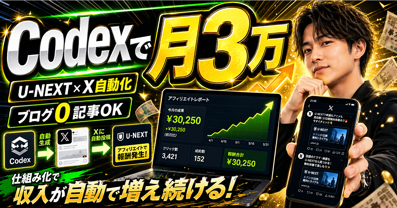 CodexでX投稿を自動生成してU-NEXT ASP月3万円を稼ぐ設計図〜テンプレ30本+プロンプト15本付き。ブログ0記事でも動く仕組み〜