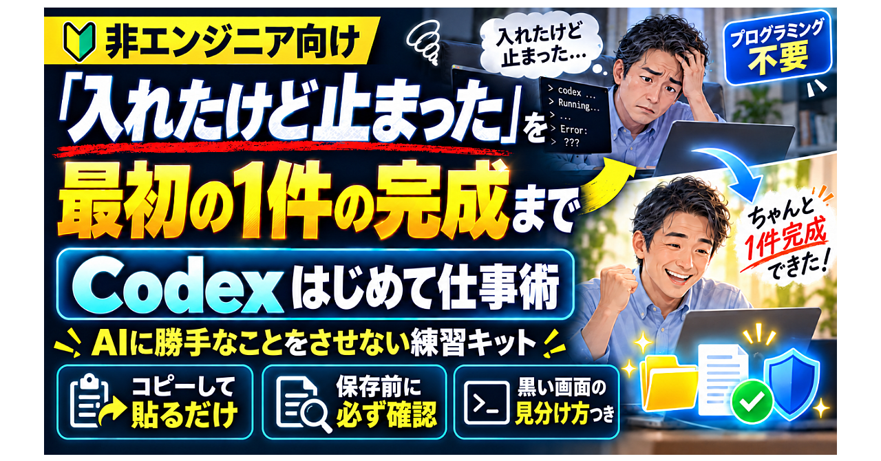 【Codex はじめて仕事術】「入れたけど止まった」を、最初の1件の完成まで。仕事を任せる練習キット👍のアイキャッチ画像