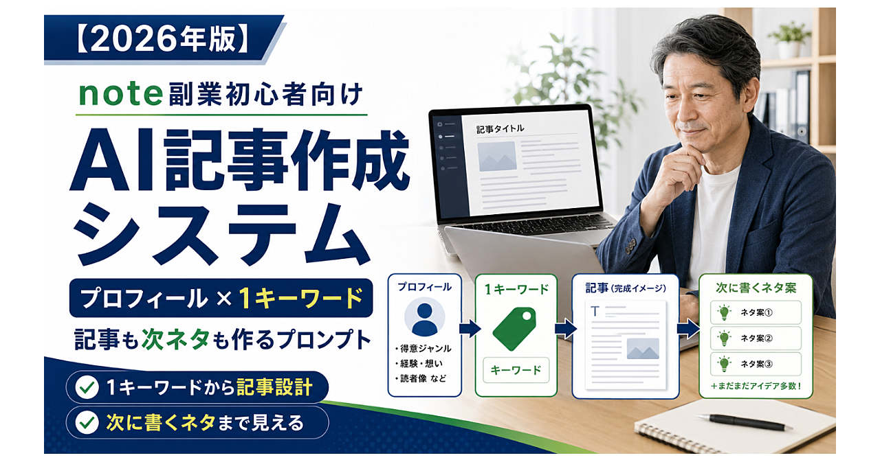【note戦略2026対応】note副業初心者のためのAI記事作成システム|最初に自己紹介を書くだけ。あとは1キーワードから記事と次ネタを作るのアイキャッチ画像