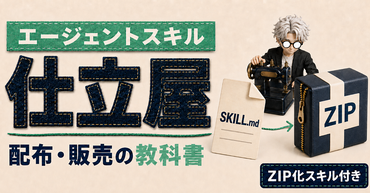 作ったAgent Skill（SKILL.md）を配布・販売できるZIPに仕立てる教科書【ZIP化スキル「仕立屋」付き】のアイキャッチ画像