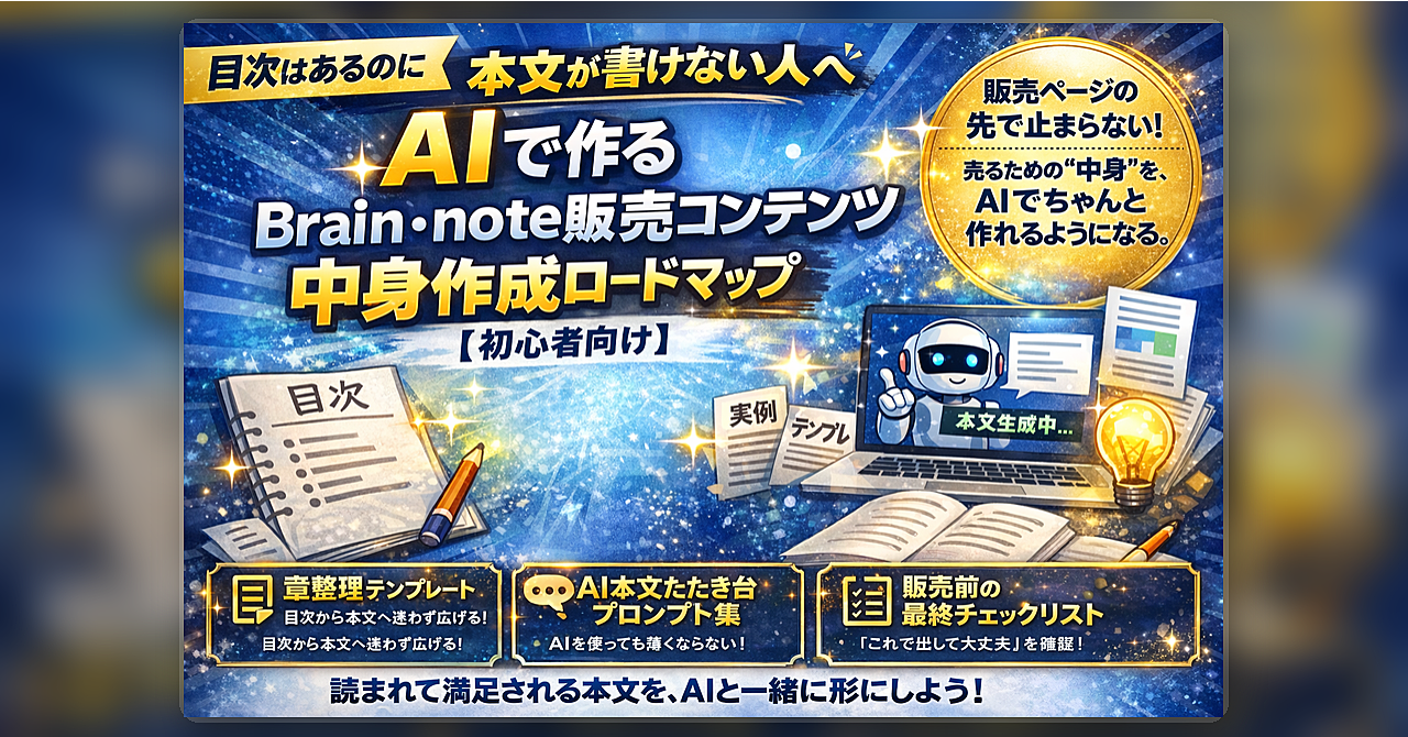 目次はあるのに本文が書けない人へ
AIで作るBrain・note販売コンテンツ中身作成ロードマップ【初心者向け】