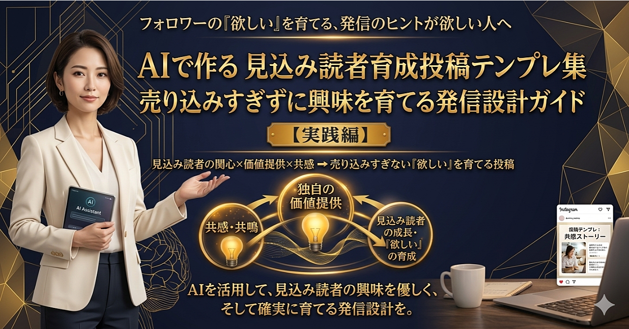 AIで作る 見込み読者育成投稿テンプレ集
売り込みすぎずに興味を育てる発信設計ガイド