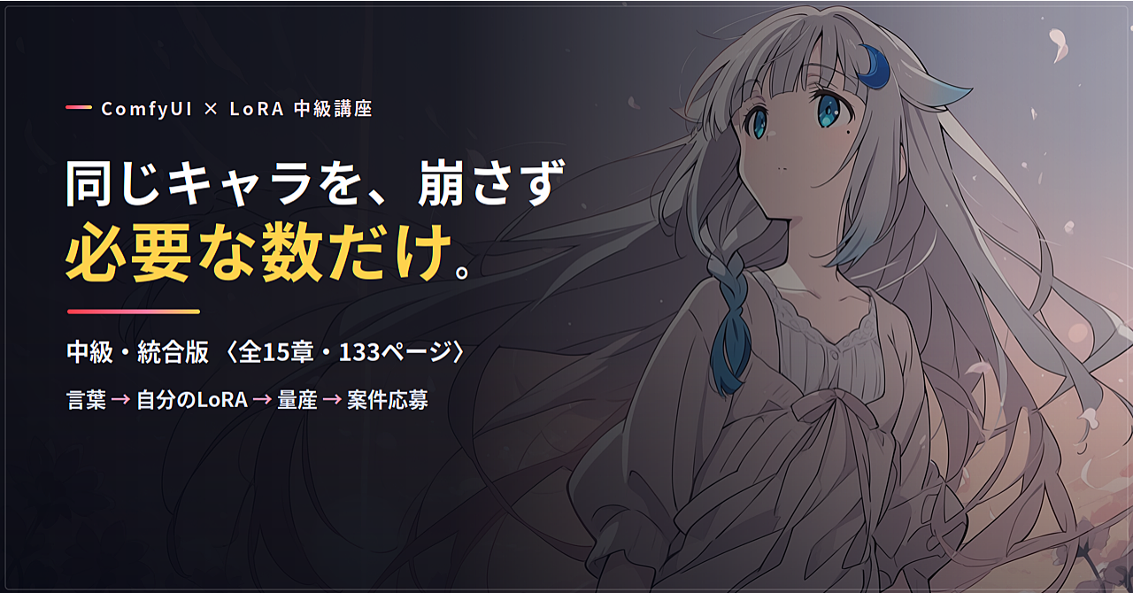 【あなたのキャラを、一から作る】ComfyUI×LoRA で"同一キャラ量産"を自分で受けられるようになる中級講座のアイキャッチ画像