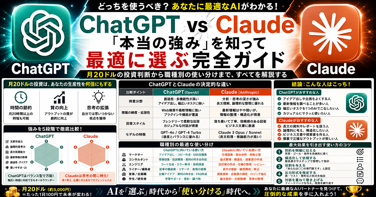 ChatGPT vs Claude:「本当の強み」を知って最適に選ぶ完全ガイド月20ドルの投資判断から職種別の使い分けまで、すべてを解説するのアイキャッチ画像