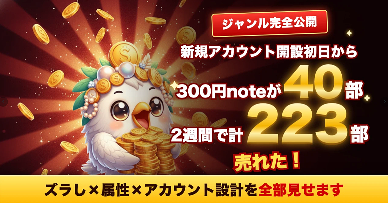 【35大特典付】えりっちさんのBrain「【ジャンル完全公開】新規アカウント開設初日から300円noteが40部、2週間で計223部売れた「ズラし×属性×アカウント設計」を全部見せます（無料AIで回すプロンプト11本・6ジャンルの運用例つき）」評判口コミ感想レビュー