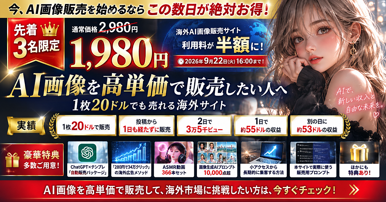 【先着3名限定1,980円】AI画像を始めるならこの数日が絶対お得|1枚20ドルで売れた海外サイト+豪華特典のアイキャッチ画像