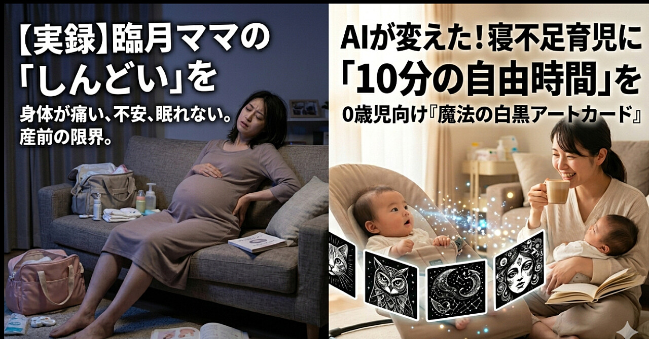 【実録】
臨月ママの「しんどい」を
AIが変えた。
寝不足育児に「10分の自由時間」をくれる、0歳児向け『魔法の白黒アートカード』
