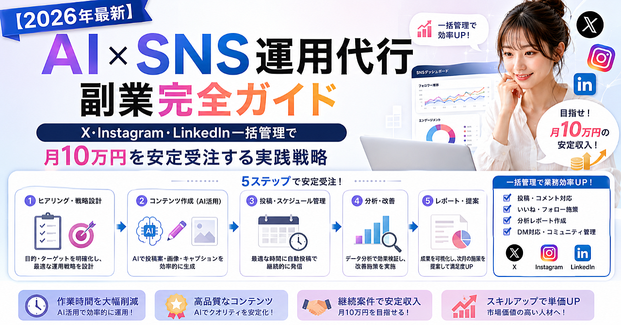 【2026年最新】AI×SNS運用代行副業完全ガイド｜X・Instagram・LinkedIn一括管理で月10万円を安定受注する実践戦略