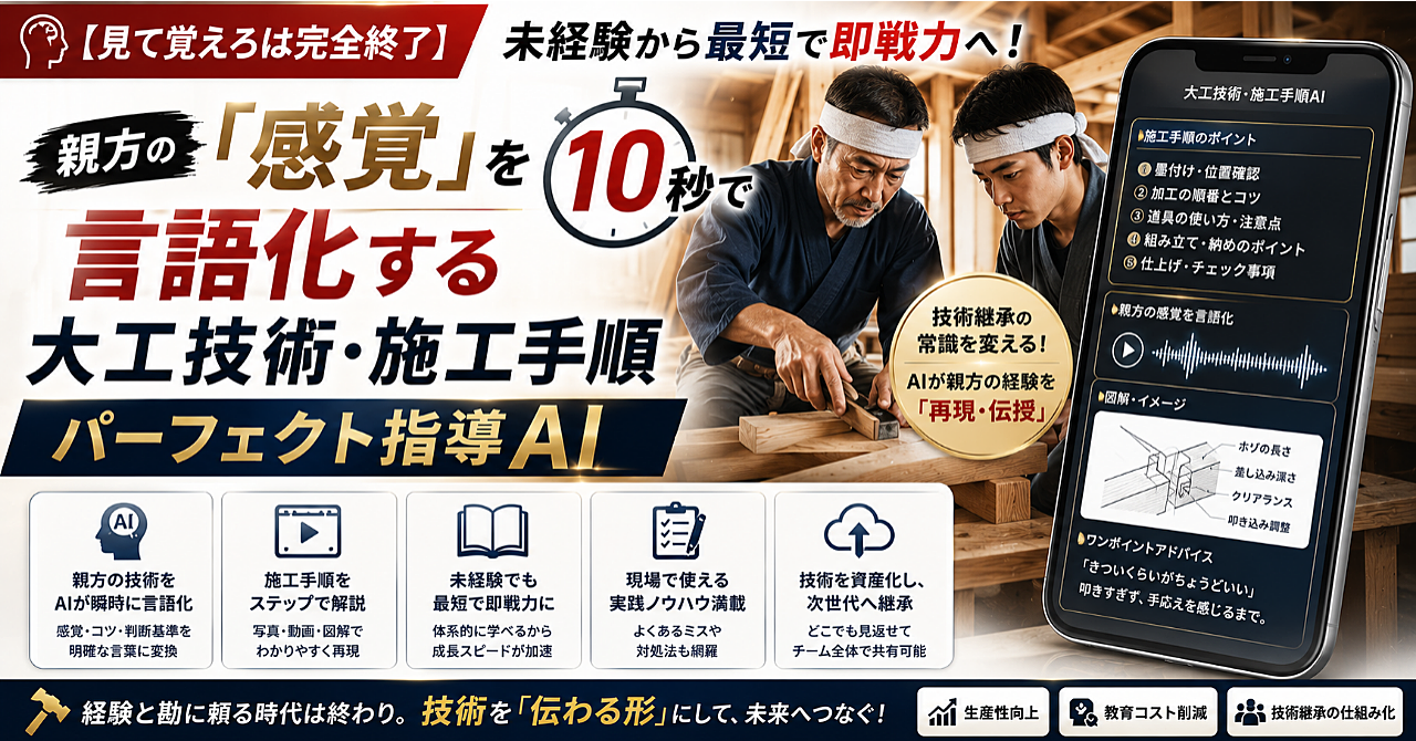 【見て覚えろは完全終了】未経験から最短で即戦力へ！親方の「感覚」を10秒で言語化する『大工技術・施工手順パーフェクト指導AI』