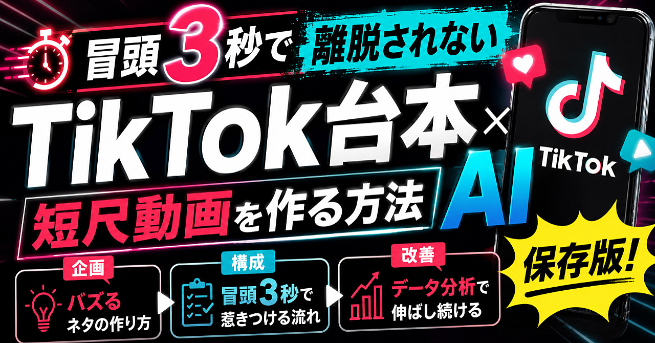 【TikTok台本×AI】冒頭3秒で離脱されない短尺動画を作る方法｜企画・構成・改善まで
