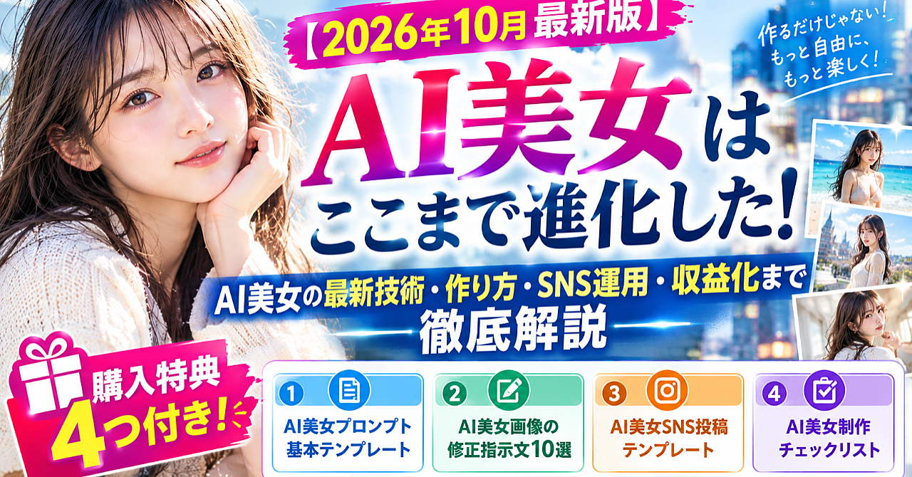 【購入特典4つ付き】AI美女はここまで進化した!AI美女の最新技術・作り方・SNS運用・収益化まで徹底解説【2026年10月最新版】のアイキャッチ画像