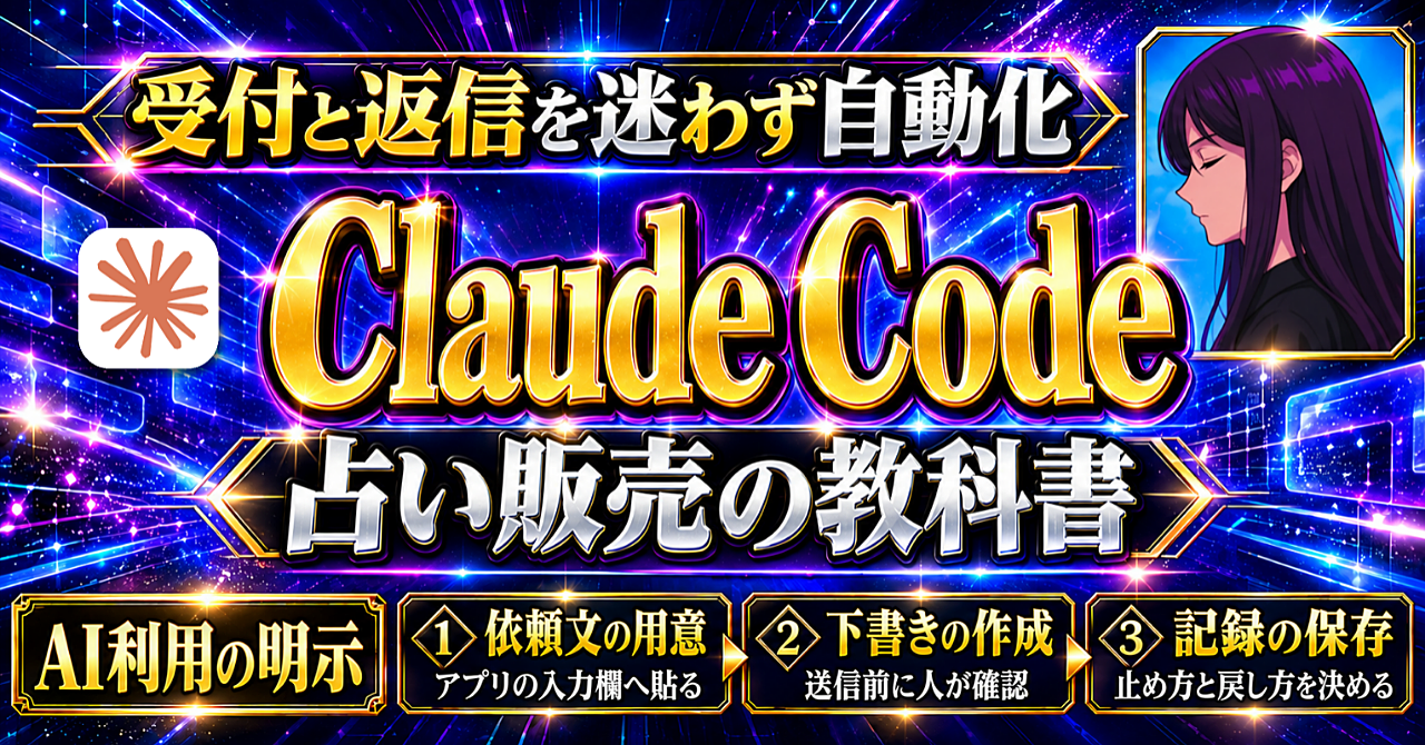占い販売を運営する人のための【Claude Code×占い販売の運営自動化の教科書】 | 受付と返信を担当者のように動かす体制を整える完全ロードマップのアイキャッチ画像
