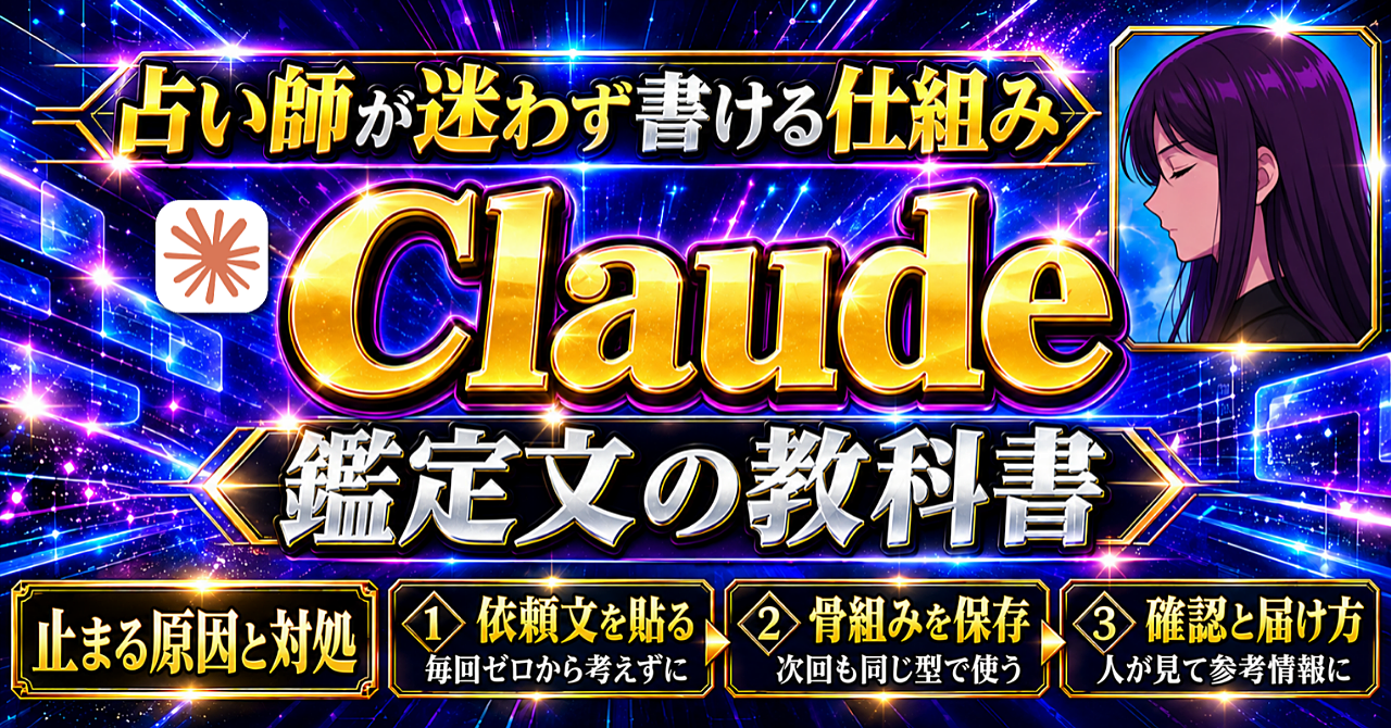 占い鑑定文を書く占い師のための【Claude×占い鑑定文作成の教科書】 | 鑑定文の骨組みを仕組み化する完全ロードマップのアイキャッチ画像