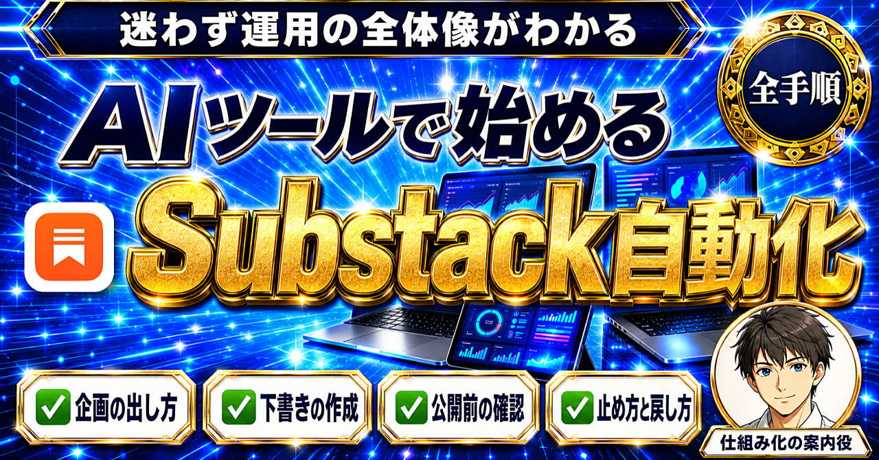【初心者・後発組でもこれなら始められる!】AIツール×Substack自動化完全攻略【基礎からの仕組み化ロードマップ】のアイキャッチ画像