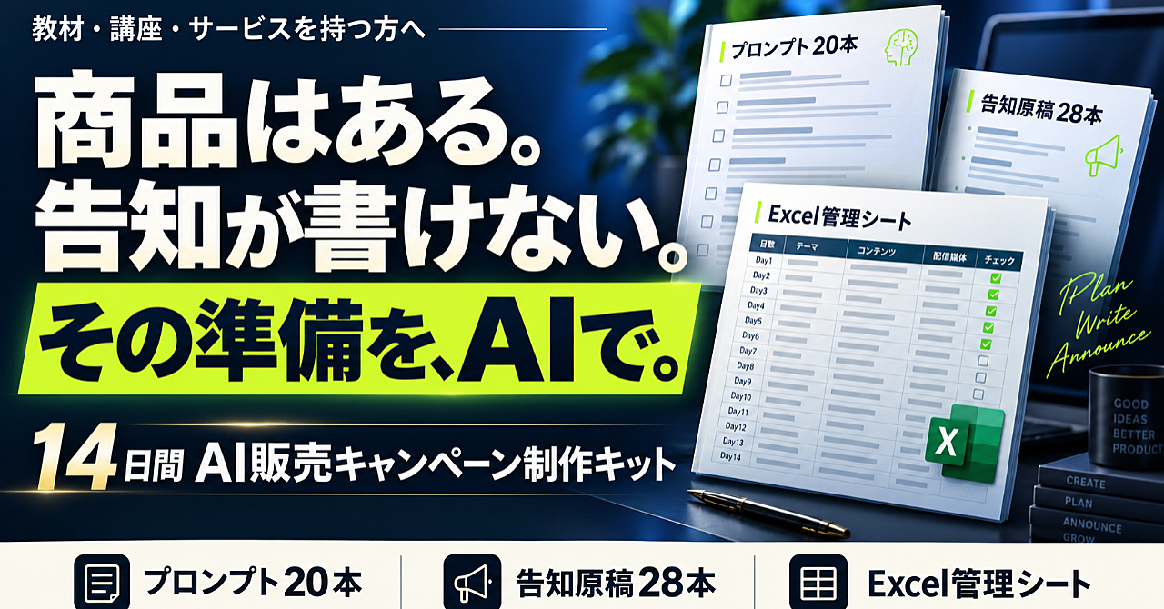 商品説明から販売告知まで 14日間の販売キャンペーンを組み立てるAI制作キットのアイキャッチ画像