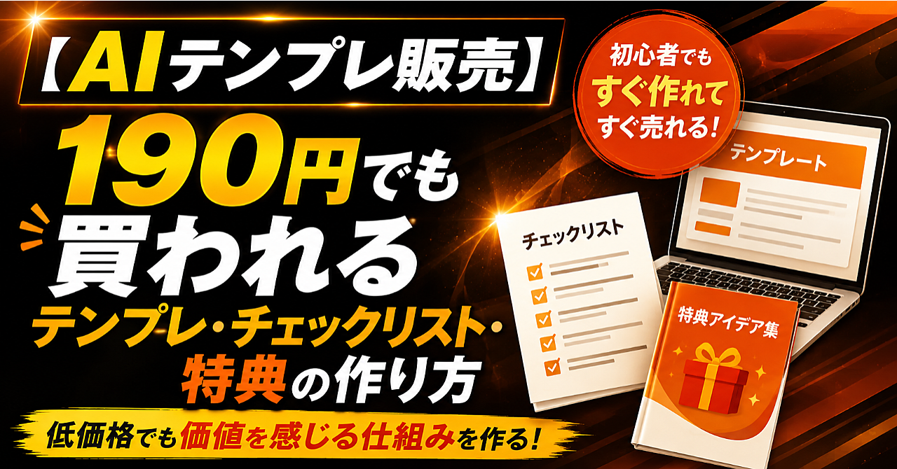 【AIテンプレ販売】190円でも買われるテンプレ・チェックリスト・特典の作り方のアイキャッチ画像
