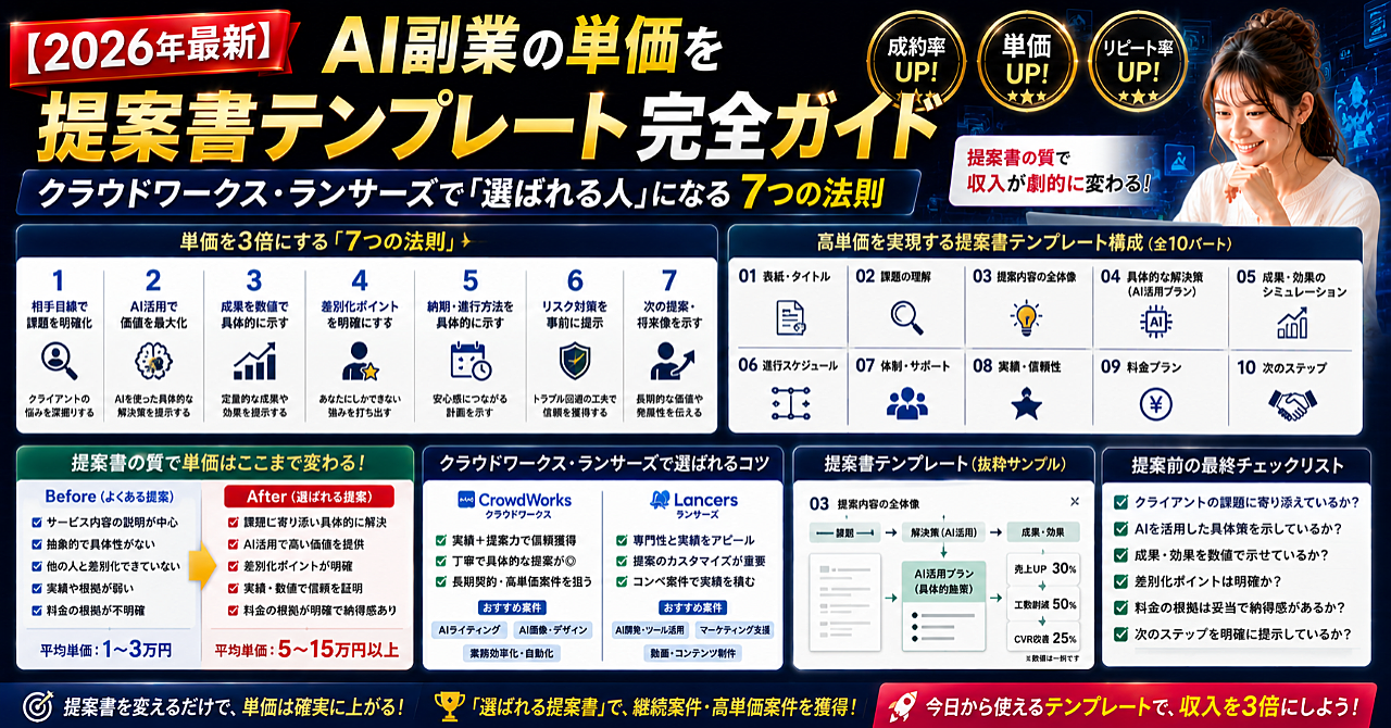【2026年最新】AI副業の単価を3倍にする提案書テンプレート完全ガイド|クラウドワークス・ランサーズで「選ばれる人」になる7つの法則のアイキャッチ画像