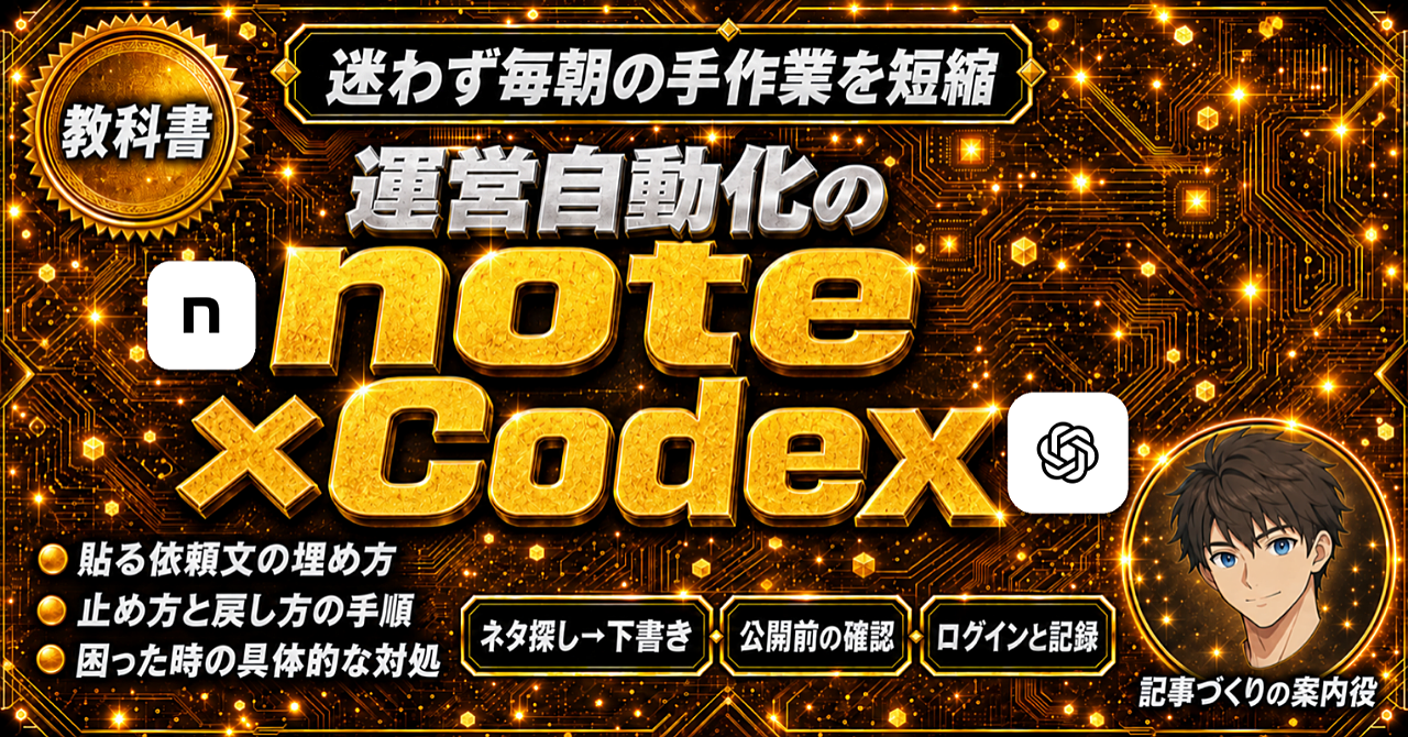 note運営者のための【Codex×note自動化の教科書】 | ネタ探しから投稿まで一気通貫で仕組み化する完全ロードマップのアイキャッチ画像