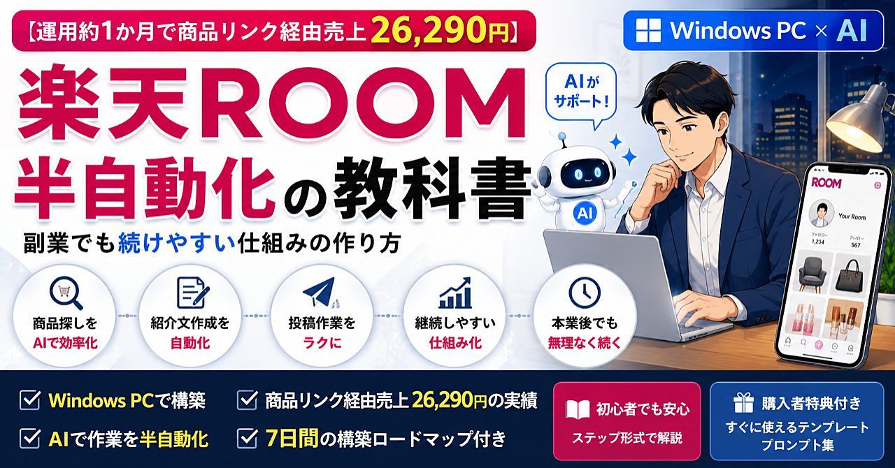 【運用約1か月で商品リンク経由売上26,290円】楽天ROOM半自動化の教科書
