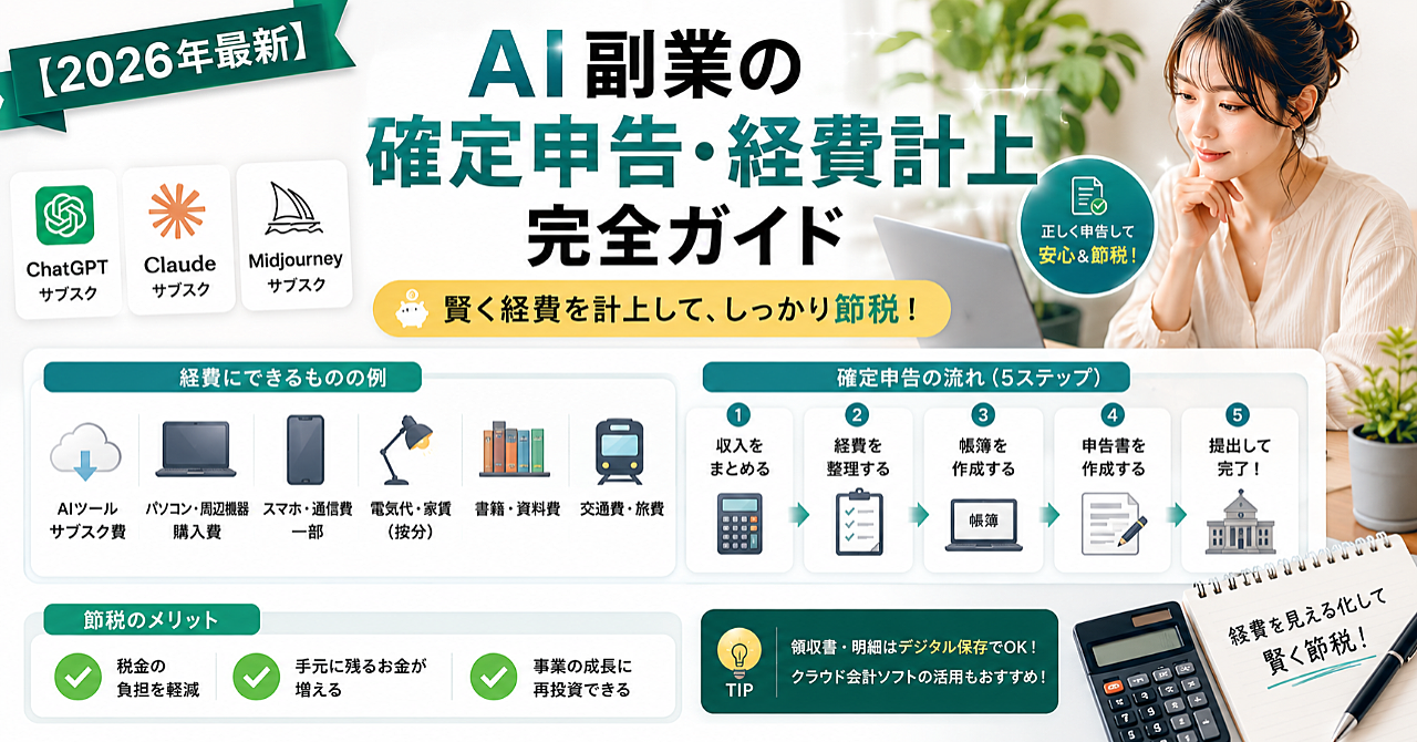 【2026年最新】AI副業の確定申告・経費計上完全ガイド｜ChatGPT・Claude・Midjourneyのサブスクから機材まで賢く節税する実践マニュアル