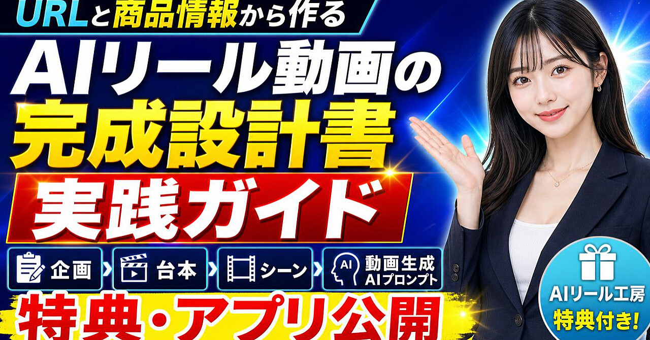 URLと商品情報から作る「AIリール動画の完成設計書」実践ガイド|企画・台本・シーン・動画生成AIプロンプト+AIリール工房【特典・アプリ公開】のアイキャッチ画像