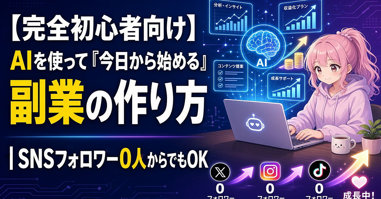 【完全初心者向け】AIを使って「今日から始める」副業の作り方｜SNSフォロワー0人からでもOKのアイキャッチ画像