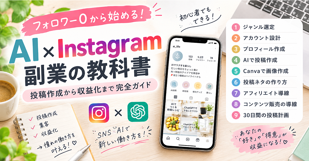 フォロワー0から始める!AI×Instagram副業|投稿作成から収益化まで完全ガイド【コピペで使える実践プロンプト6選付き】のアイキャッチ画像