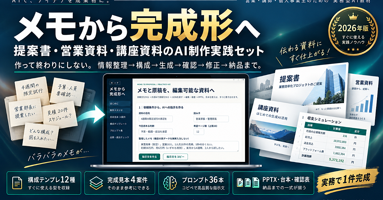 【AI資料制作・完全実践セット】メモから完成形へ|提案書・営業資料・講座資料をAIで仕上げる全手順のアイキャッチ画像