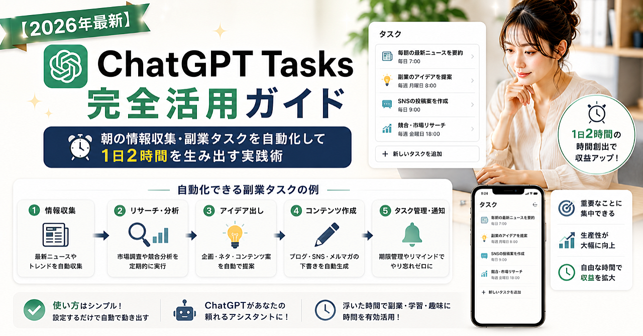 【2026年最新】ChatGPT Tasks完全活用ガイド|朝の情報収集・副業タスクを自動化して1日2時間を生み出す実践術のアイキャッチ画像