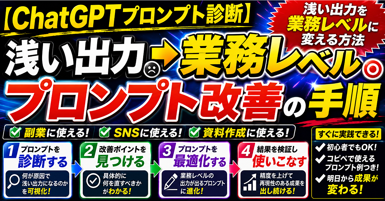 【ChatGPTプロンプト診断】浅い出力を業務レベルに変える方法｜副業・SNS・資料作成に使える改善手順