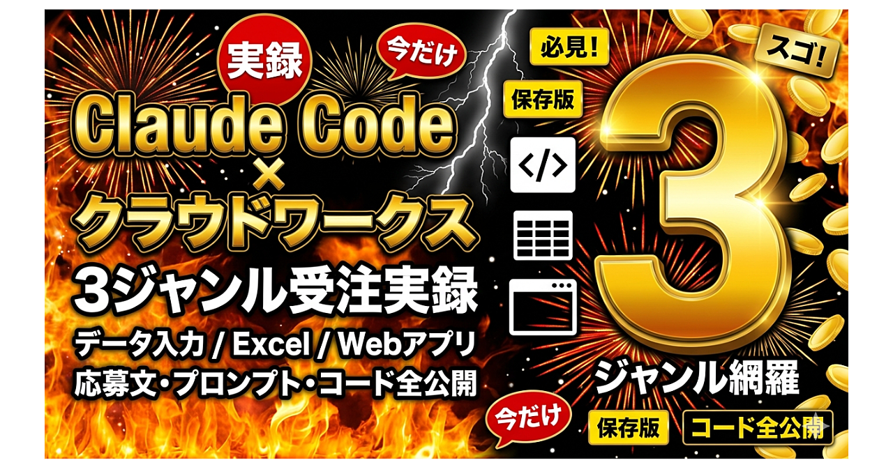 Claude Code を使ったクラウドワークス受注実録 — データ入力 / Excel / Web 3
ジャンルの作業ログ