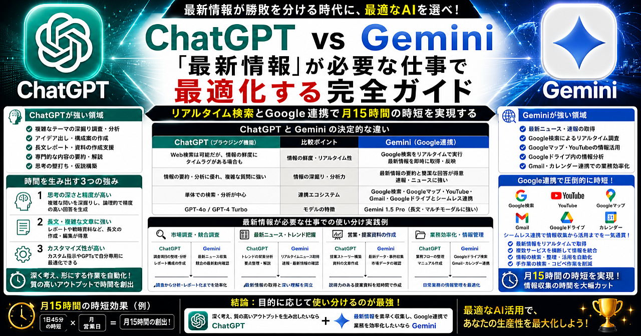 ChatGPT vs Gemini:「最新情報」が必要な仕事で最適化する完全ガイド リアルタイム検索とGoogle連携で月15時間の時短を実現するのアイキャッチ画像