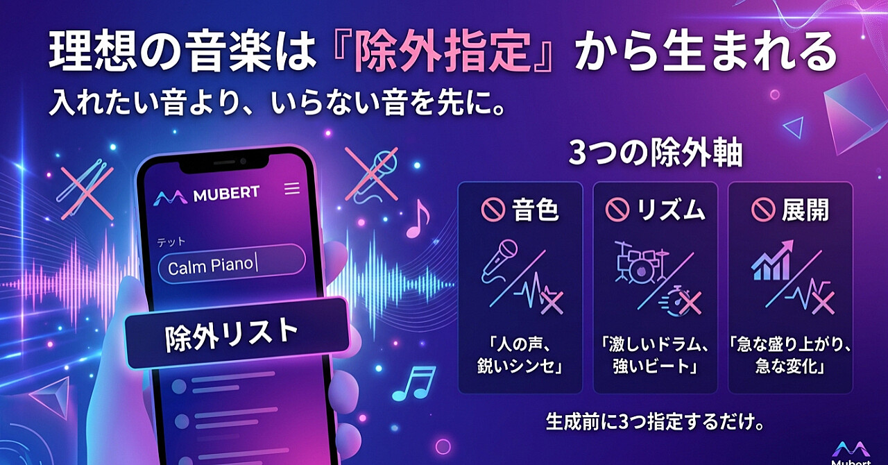 Mubertで“イメージと違う音”を減らす|入れたくない音を先に除外指定する、たった一つのワンポイントのアイキャッチ画像