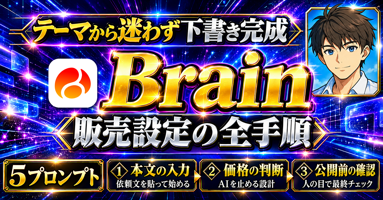 【Brain販売をもっとラクに】AIツール×Brainで「テーマ→販売設定済みの記事」|執筆から販売設定まで5プロンプトで一気通貫|実践ノウハウ大公開のアイキャッチ画像