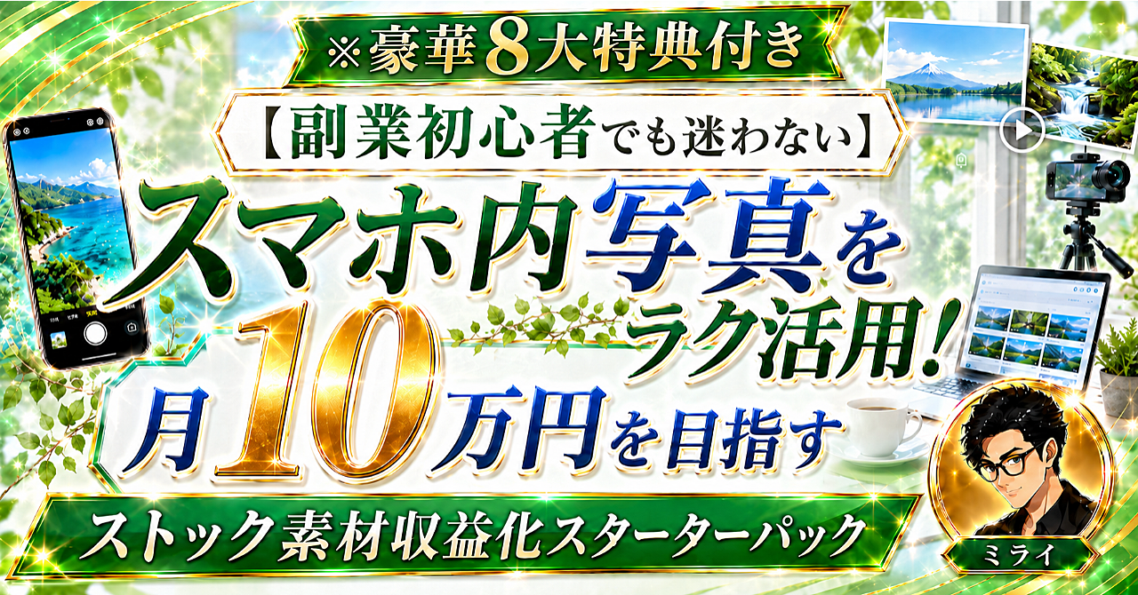 ※豪華8大特典付き【副業初心者でも迷わない】スマホ内写真をラク活用！月10万円を目指すストック素材収益化スターターパック