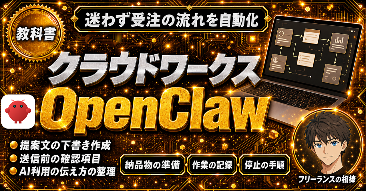 クラウドワークスで案件を受注するフリーランスのための【OpenClaw×クラウドワークス自動化の教科書】 | 提案から納品まで全工程を自動化する仕組みを作る完全ロードマップのアイキャッチ画像