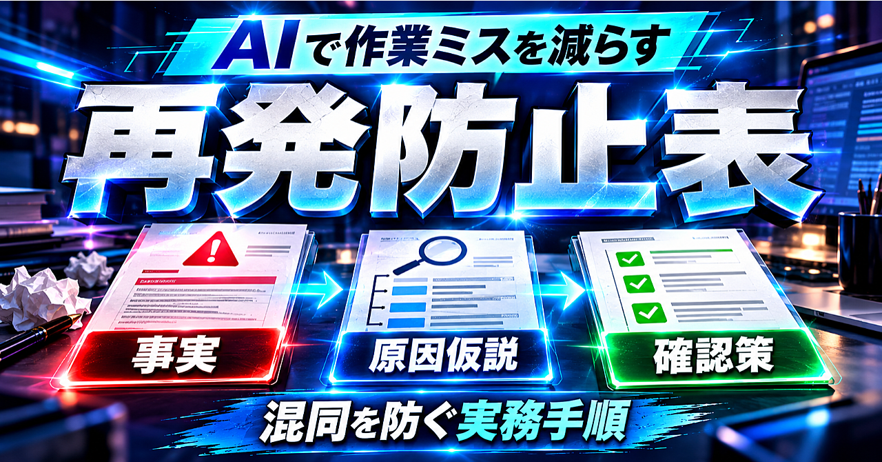 【AIで作業ミスの再発防止表を作る】事実・原因仮説・確認策を分ける実務手順のアイキャッチ画像