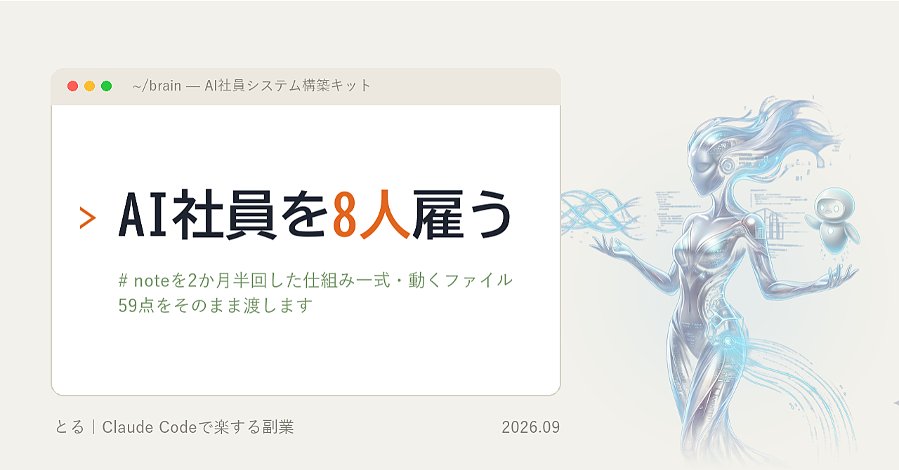 Claude Codeに「AI社員」を8人雇ってnoteを2か月半回した記録と、その仕組み一式(動くファイル59点)のアイキャッチ画像