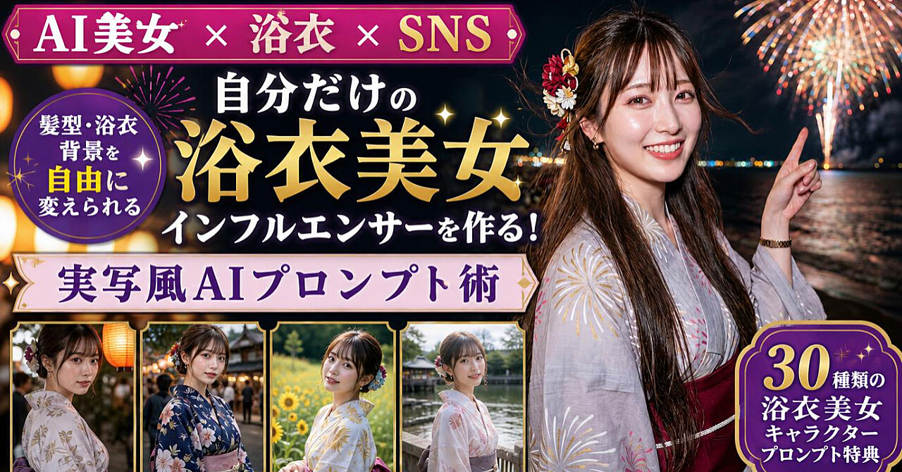 【AI美女×浴衣×SNS】自分だけの浴衣美女インフルエンサーを作る!髪型・浴衣・背景を自由に変えられる実写風AIプロンプト術+30種類の浴衣美女キャラクタープロンプト特典のアイキャッチ画像