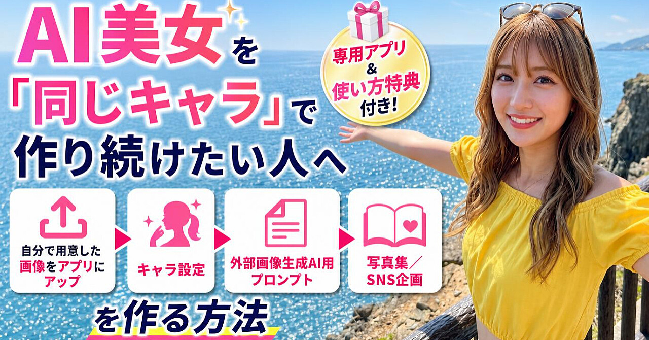 AI美女を「同じキャラ」で作り続けたい人へ──自分で用意した画像をアプリにアップし、キャラ設定・外部画像生成AI用プロンプト・写真集/SNS企画を作る方法【専用アプリ&使い方特典付き】のアイキャッチ画像