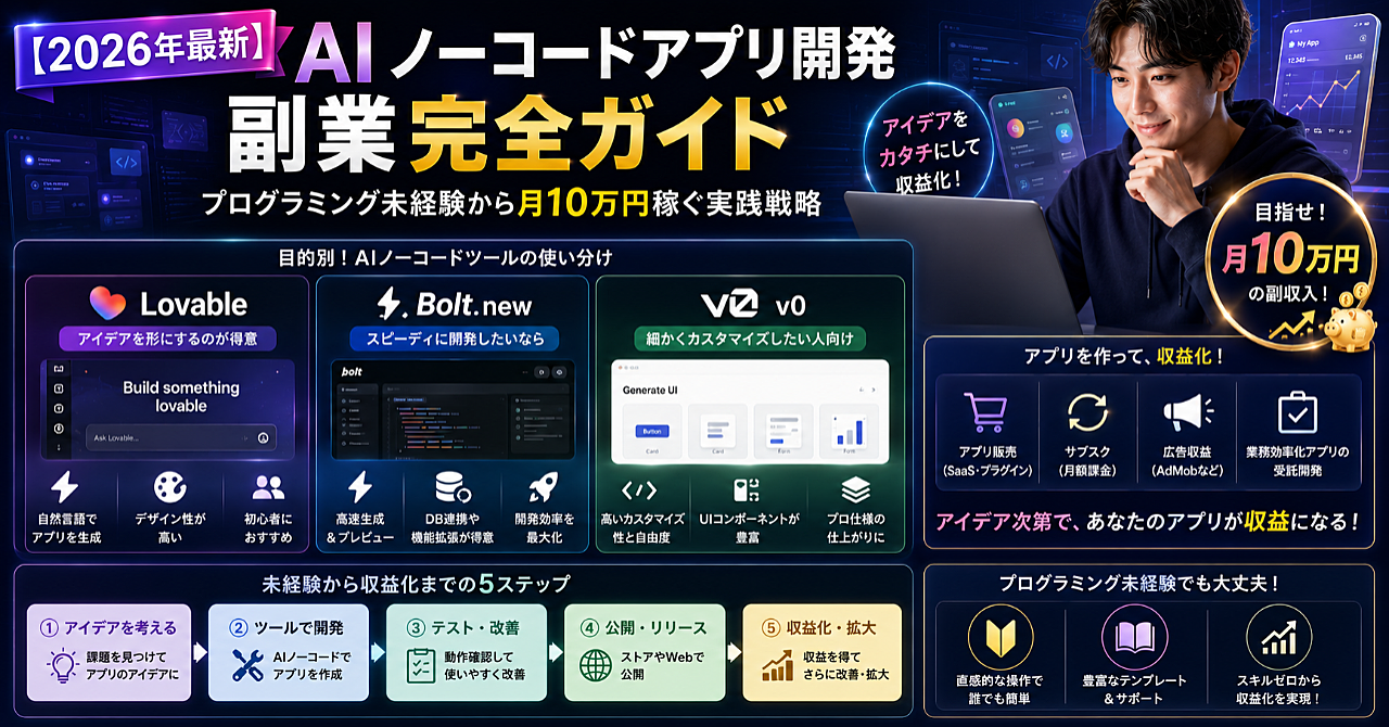 【2026年最新】AIノーコードアプリ開発副業完全ガイド｜Lovable・Bolt.new・v0の使い分けと、プログラミング未経験から月10万円稼ぐ実践戦略