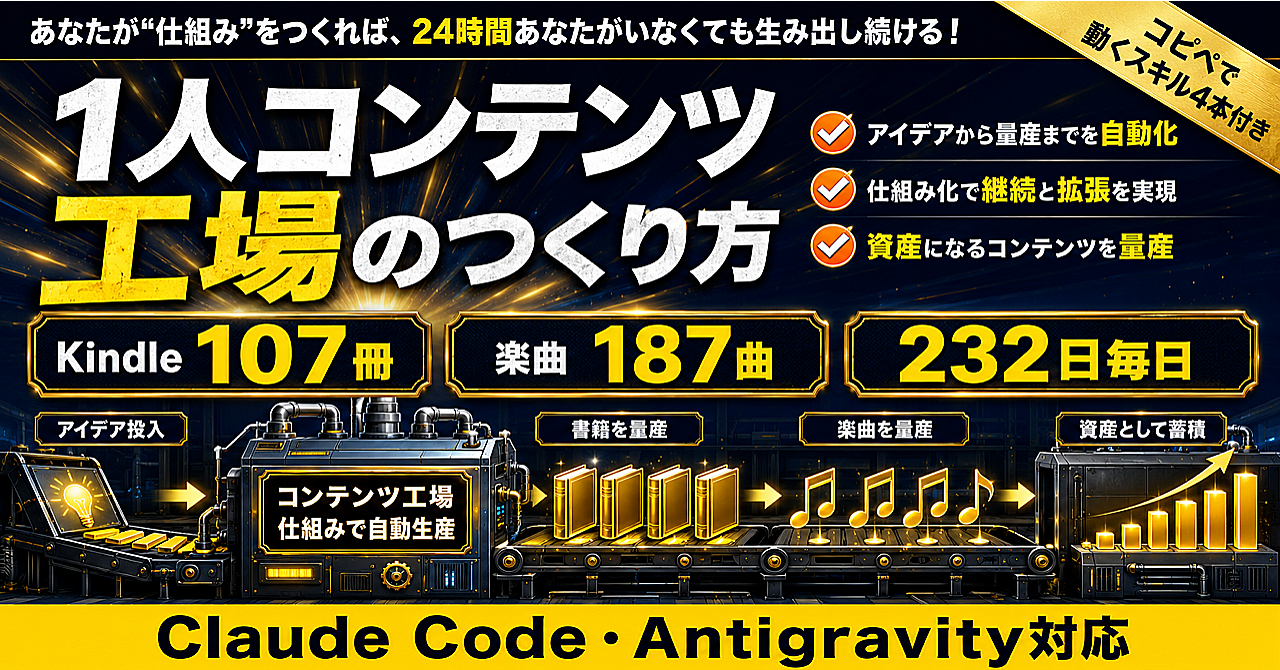 1人コンテンツ工場のつくり方｜Kindle107冊・楽曲187曲を生んだ非エンジニア会社員232日の実録【コピペで動くスキル4本付き/Claude Code・Antigravity対応】