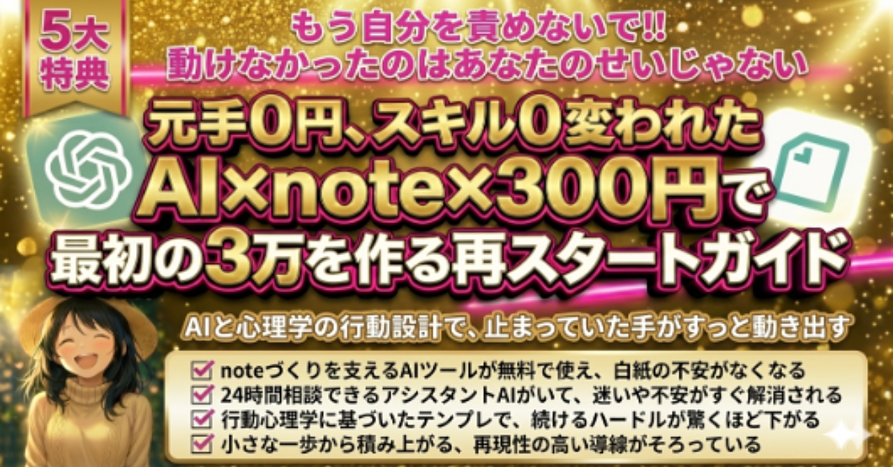 元手0円、スキル０、動けなかった私でも変われた。AI×note×300円で最初の3万円を作るための再スタートガイド