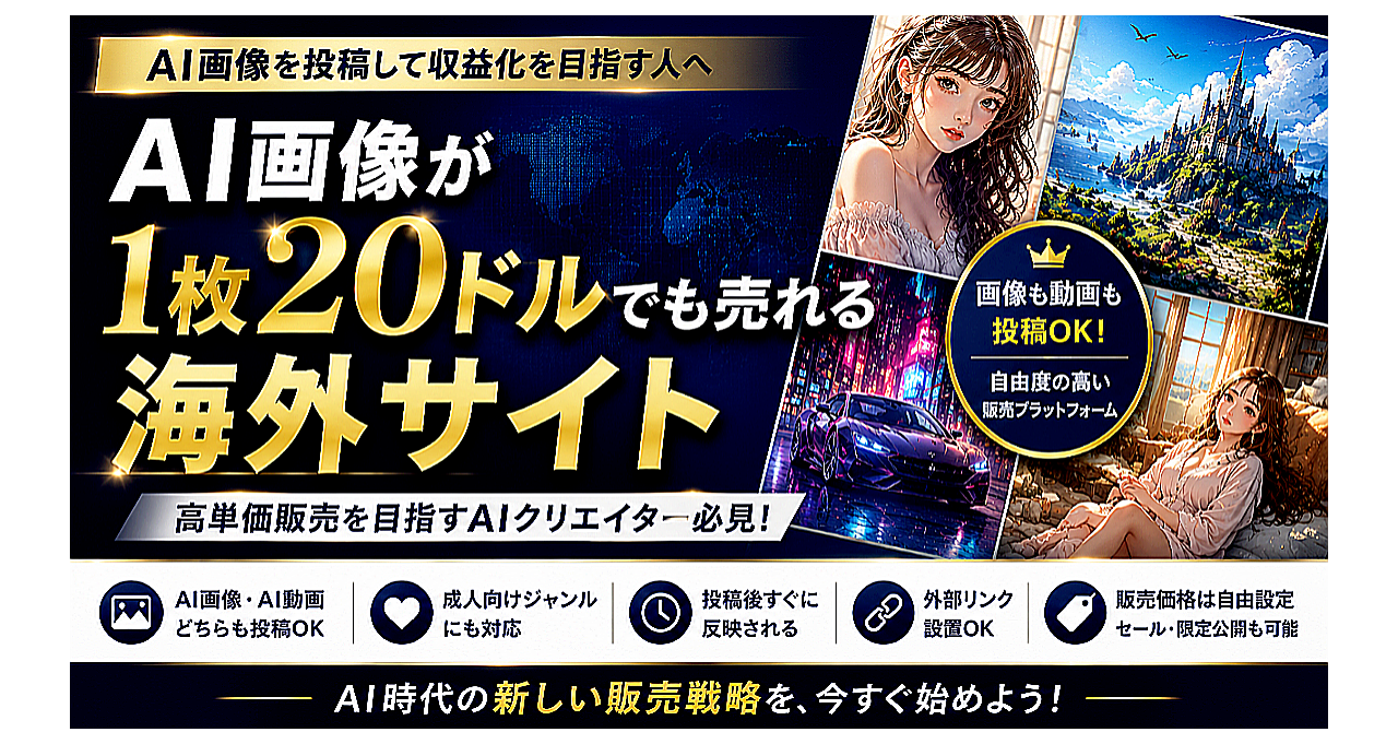 AI画像を高単価販売したい人へ|AI画像が1枚20ドルでも売れる海外サイト(特典なし版)のアイキャッチ画像