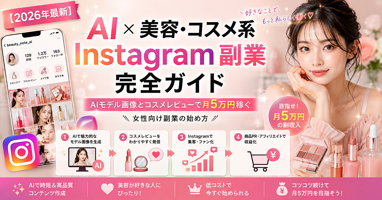 【2026年最新】AI×美容・コスメ系Instagram副業完全ガイド｜AIモデル画像とコスメレビューで月5万円稼ぐ女性向け副業の始め方