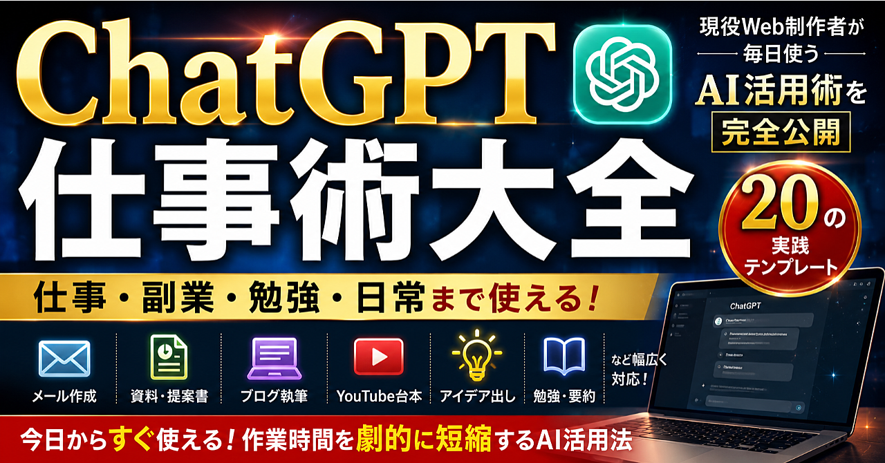 ChatGPT仕事術大全 仕事・副業・勉強・日常まで使える20の実践テンプレート 現役Web制作者が毎日使うAI活用術を完全公開のアイキャッチ画像