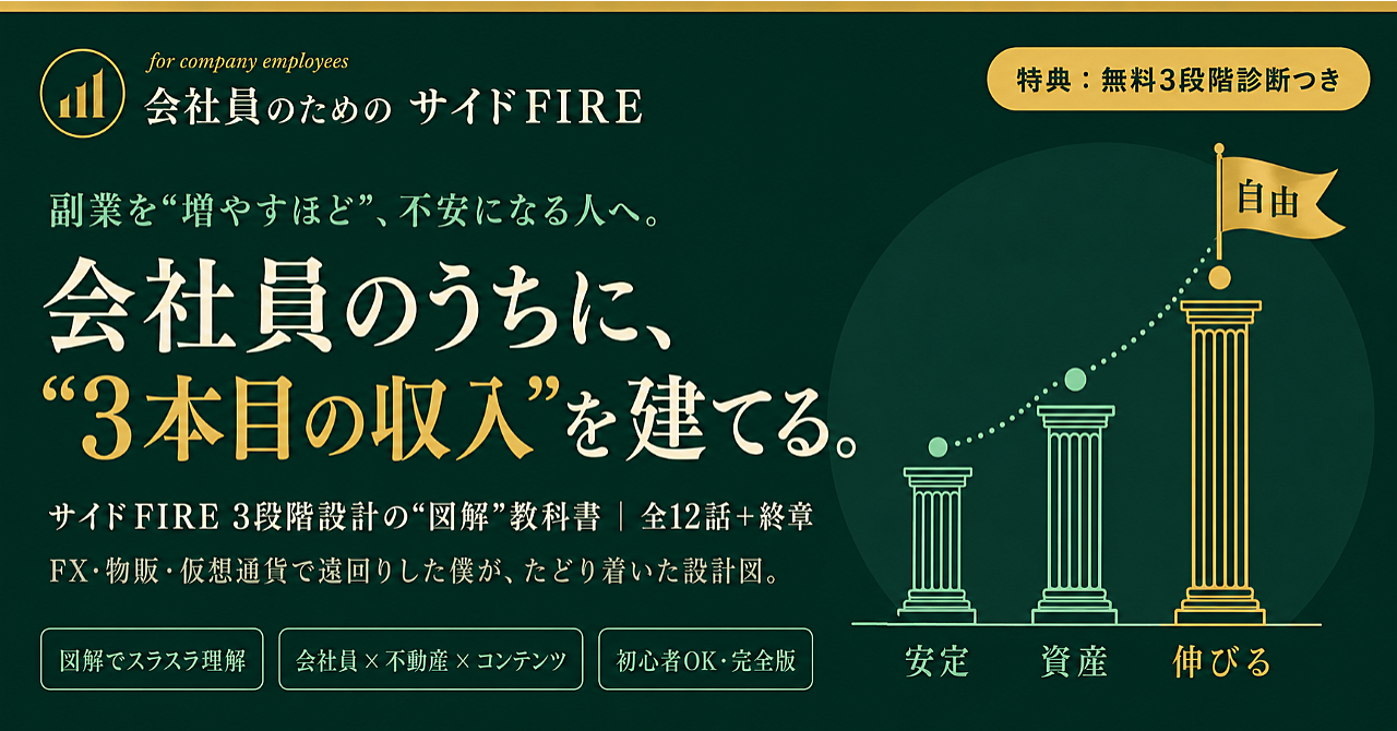 【会社員のためのサイドFIRE】副業を“増やすほど”不安になる人へ ― 3本の柱で“働かない収入”を建てる設計図（全12話・無料診断つき）