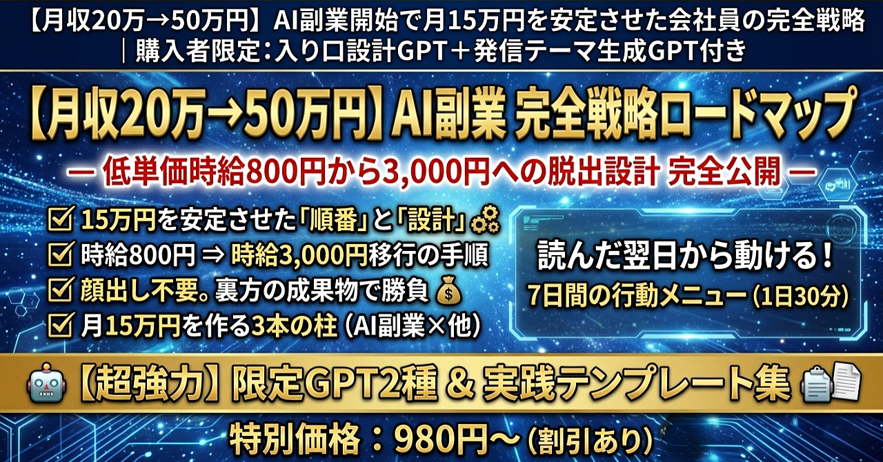 【月収20万→50万円】AI副業開始で月15万円を安定させた会社員の完全戦略｜購入者限定:入り口設計GPT+発信テーマ生成GPT付き