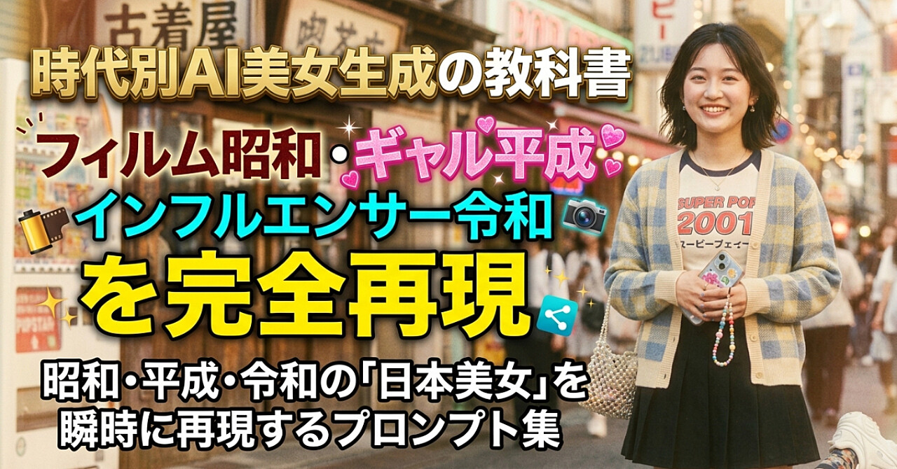 時代別AI美女生成マスターブック  
フィルム昭和／ギャル平成／インフルエンサー令和を完全再現    昭和・平成・令和の“日本人美女らしさ”を一発再現するプロンプト集