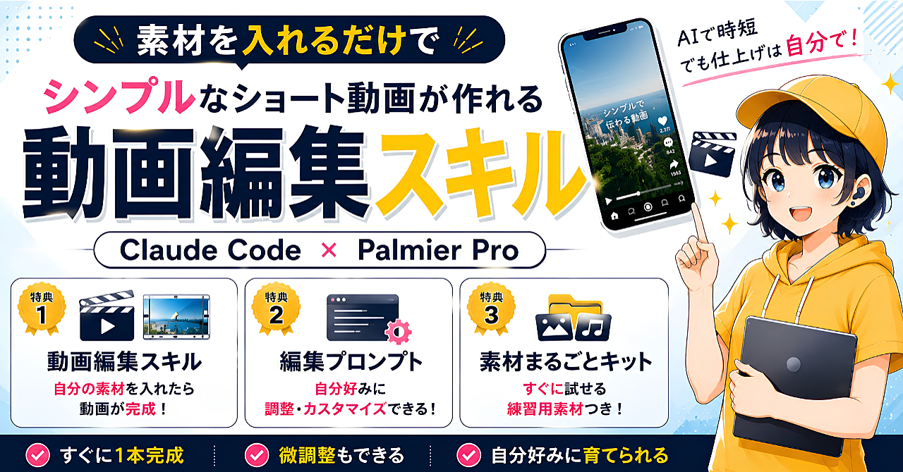 【35大特典付】ひとのなさんのBrain「【素材を入れたら1本完成スキル付き】Claude Code×Palmier Proで始めるAIショート動画編集」評判口コミ感想レビュー